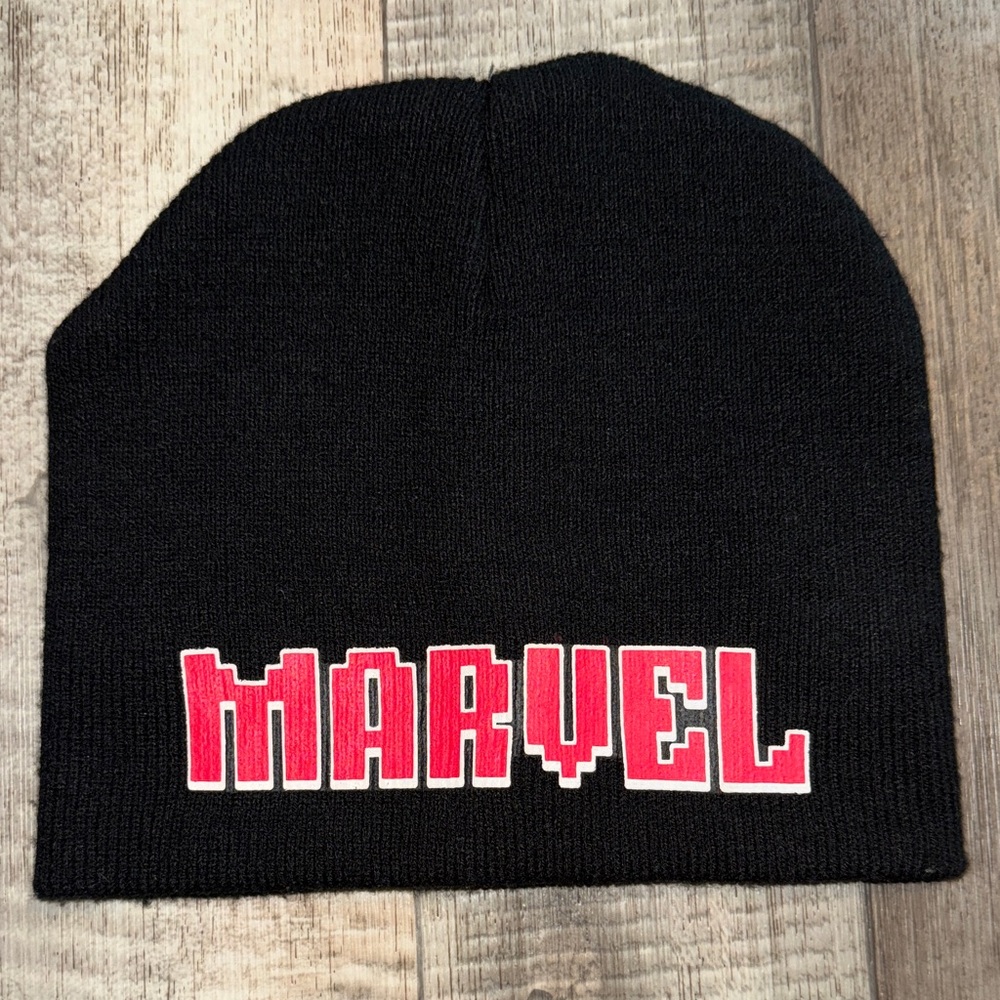 Marvel Black Knit Cap with Red Lettering-size OS